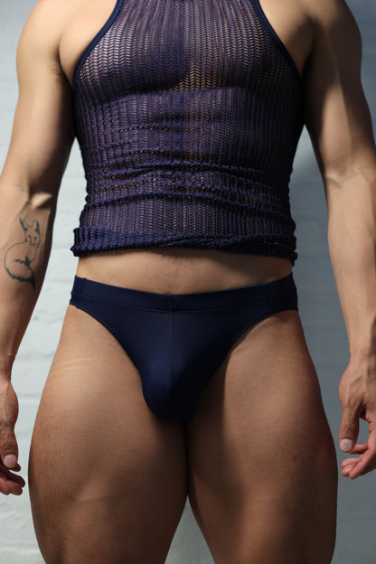 Front view of navy men's underwear from Fabian Divani vers collection showing comfortable fit and coverage with netted textured tank