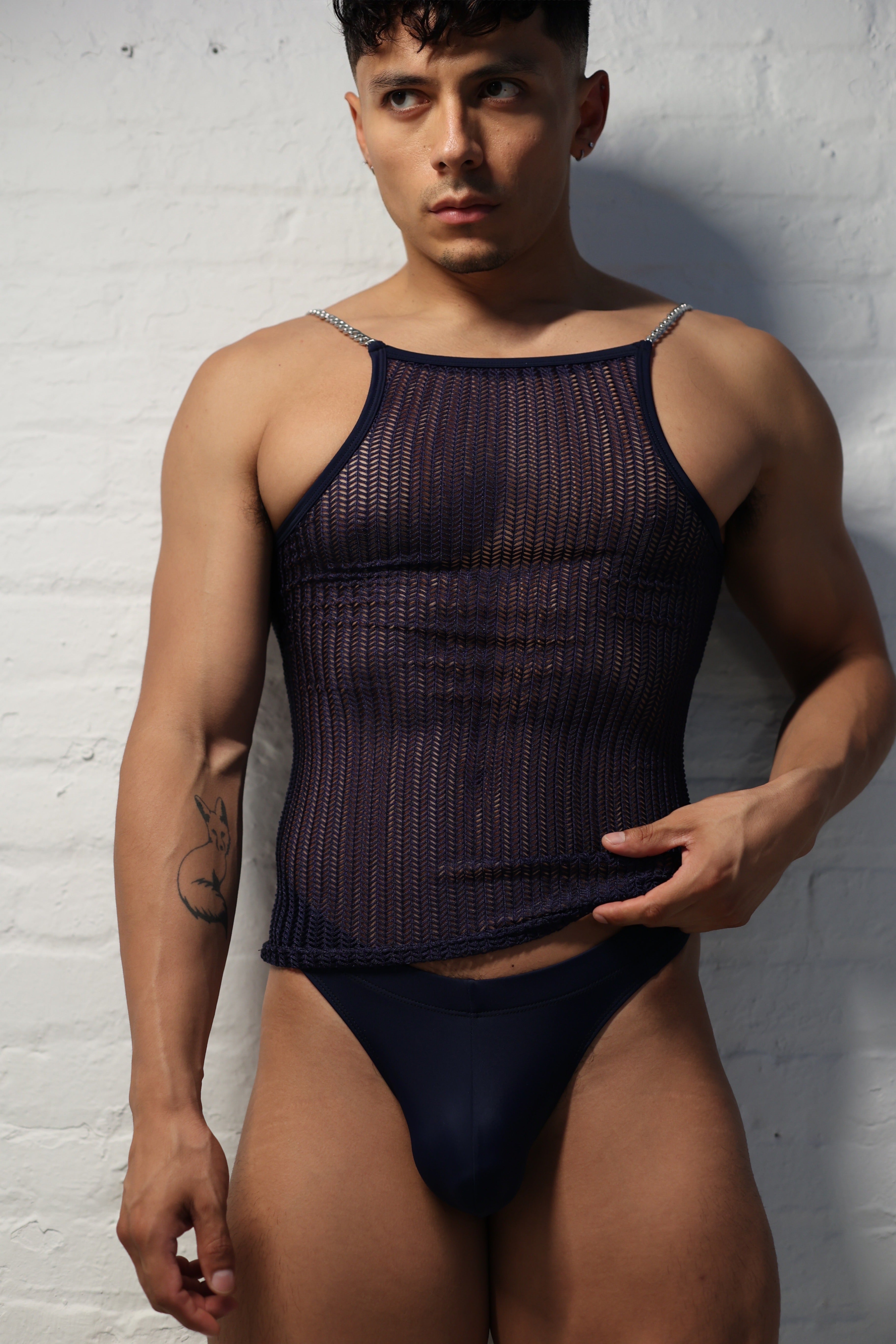 Front view of navy men's thong underwear from Fabian Divani vers collection showing comfortable fit and coverage with netted tank