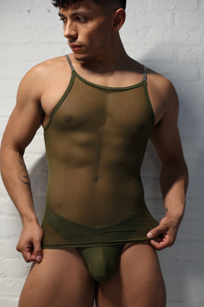 Model wearing olive green sheer tank top with metal chain shoulder straps from Fabian Divani vers collection