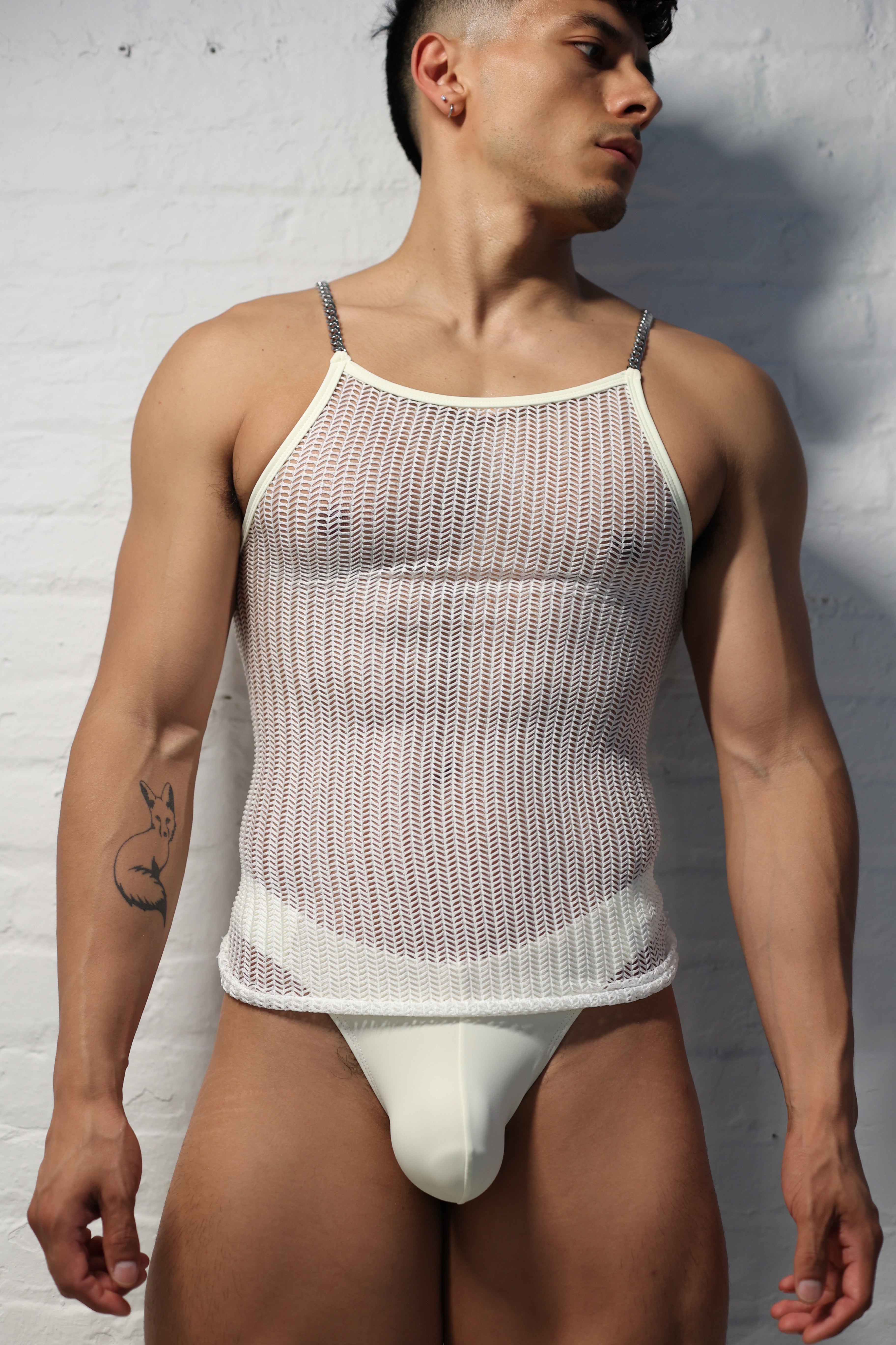 Men's pearl white mesh tank with chain hardware straps - Fabian Divani Vers collection