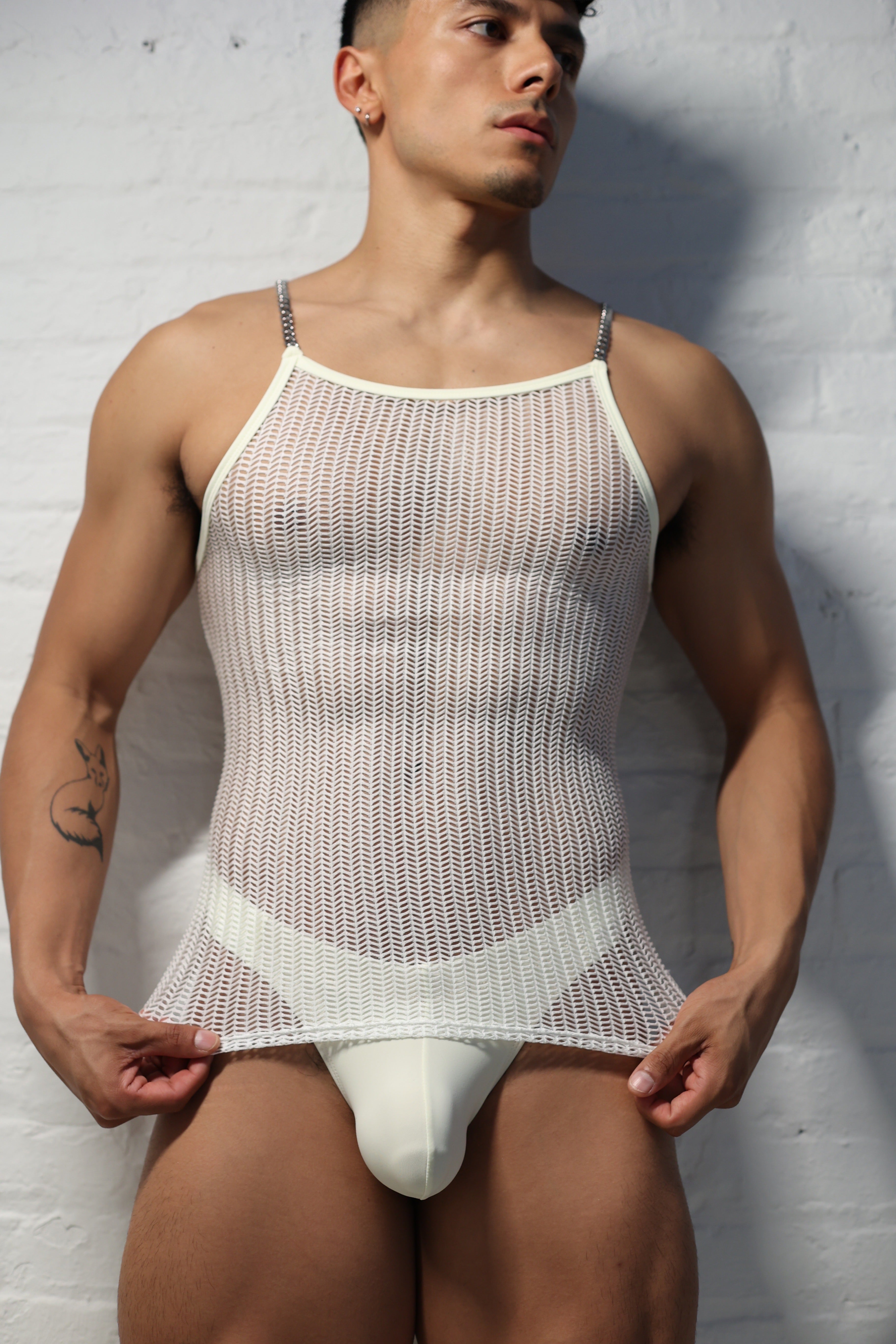Men's pearl white mesh tank with chain hardware straps - Fabian Divani Vers collection