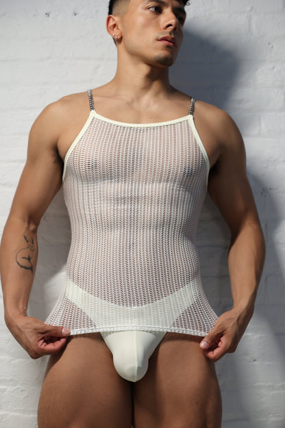Men's pearl white mesh tank with chain hardware straps - Fabian Divani Vers collection