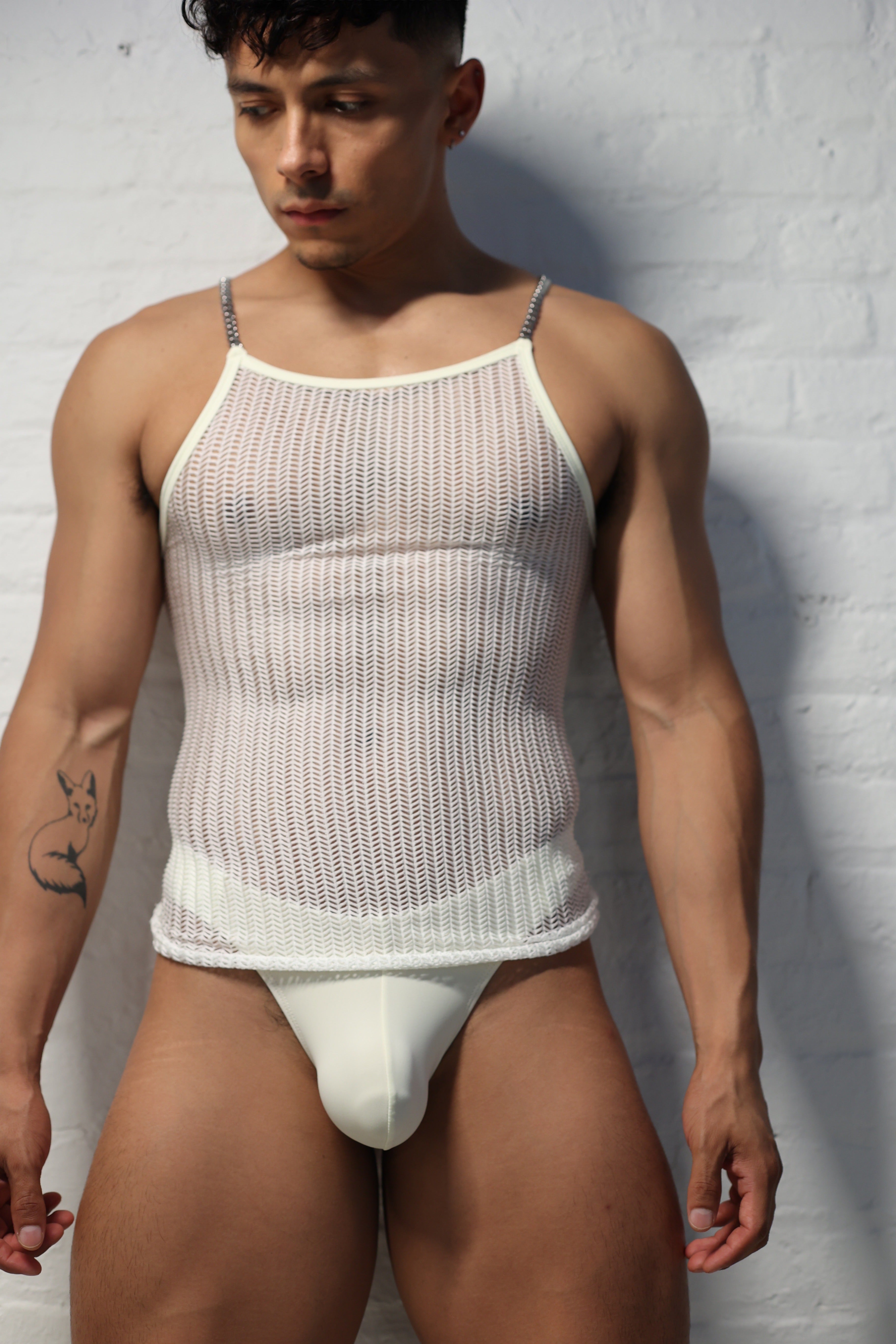 Men's pearl white mesh tank with chain hardware straps - Fabian Divani Vers collection