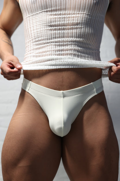 Men's pearl white spandex thong with lined pouch - Fabian Divani vers luxury dual-purpose collection