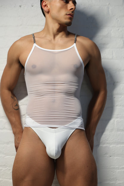 Men's white sheer spandex tank with chain hardware straps - Fabian Divani 